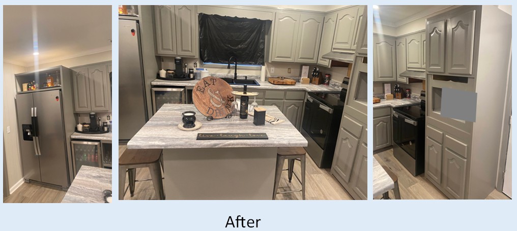 Kitchen renovation after - completed modern kitchen with gray cabinets, white countertops, and kitchen island