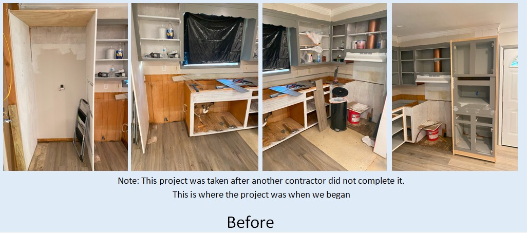 Kitchen renovation before - incomplete work from previous contractor showing exposed framing and partial cabinet installation