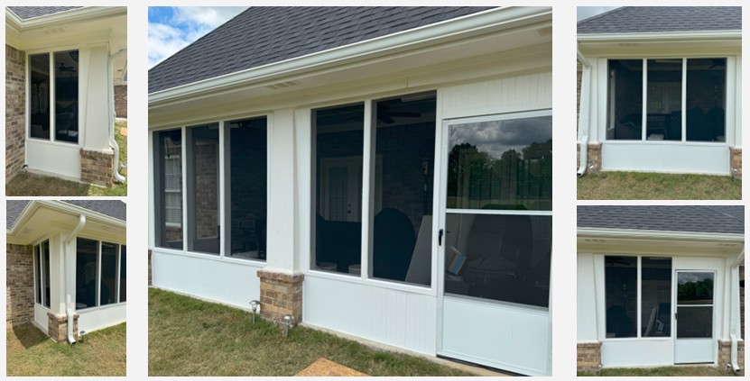 Custom screened patio construction showing multiple views of completed outdoor living space with large screened panels and professional installation