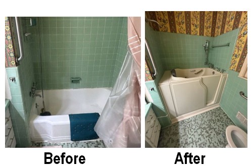 Walk-in tub installation over existing green tile