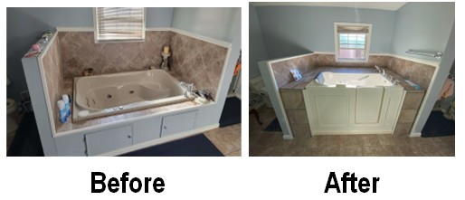 Walk-in tub replacing tile garden surround